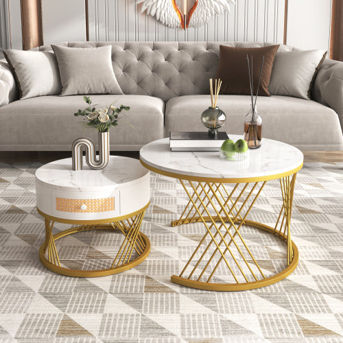 2-in-1 Coffee Table - Round Marble & Rattan