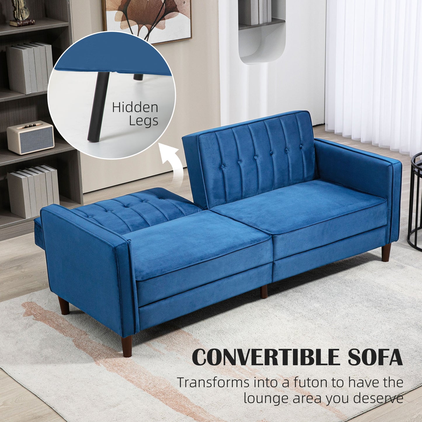 Velvet-Feel Three-Seater Sofa Bed - Blue