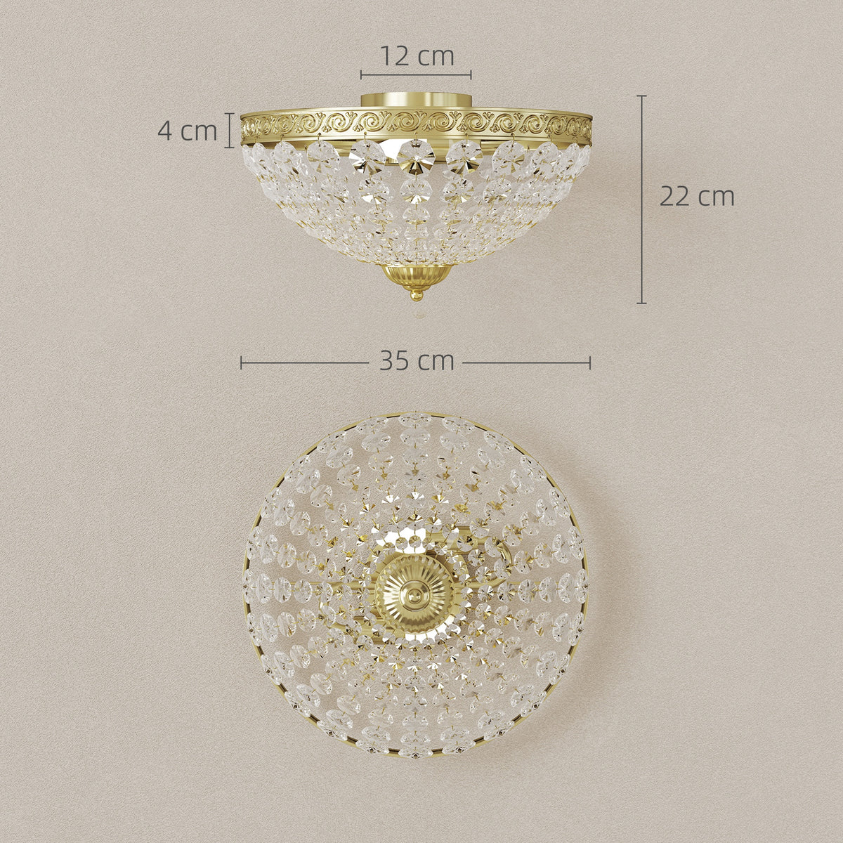 Crystal Chandelier Ceiling Light – 168 Crystal Beads, 2x E14, Gold Tone, 35cm