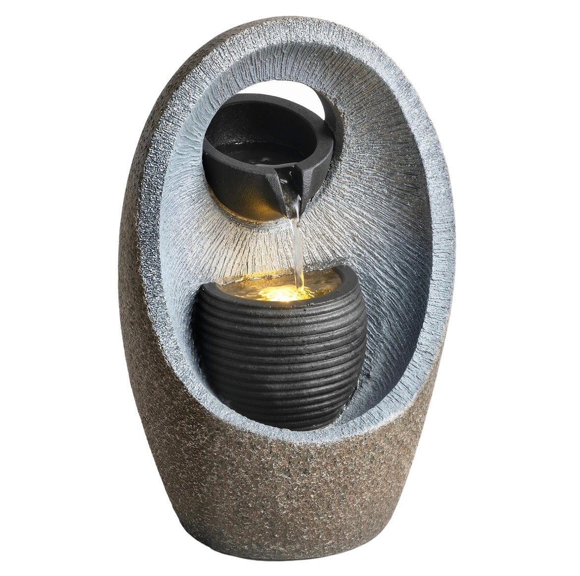 Water Feature with 2-Tier Bowls, Garden Water Fountain with Pump and LED Lights, Resin Cascading Waterfall