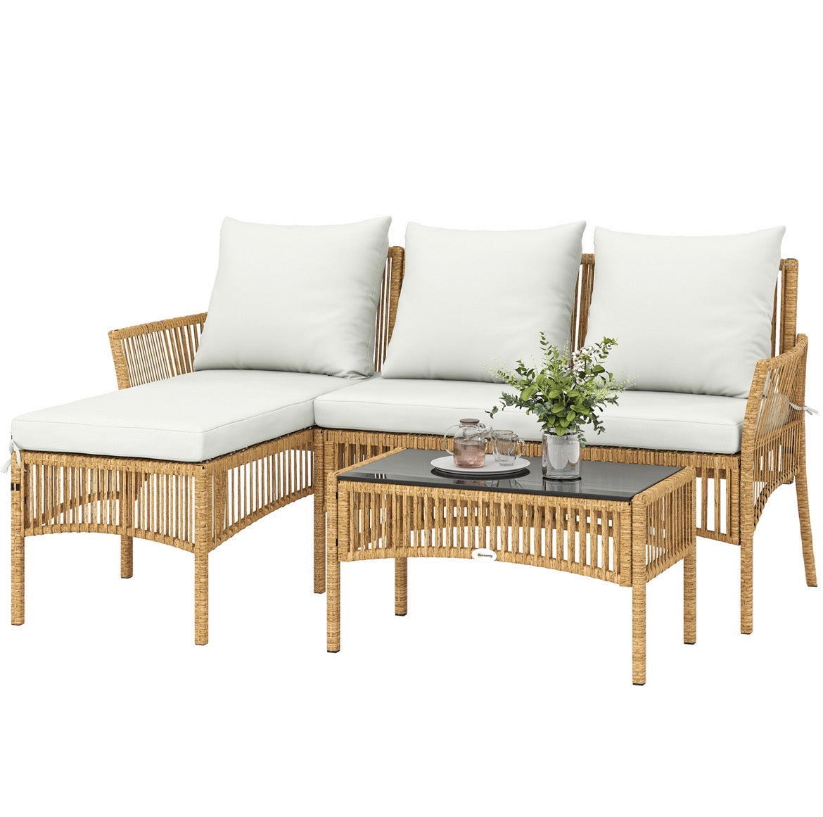 3-Piece Rattan Garden Furniture Corner Sofa Set with Chaise Lounge, Loveseat, Glass Coffee Table, Cushions