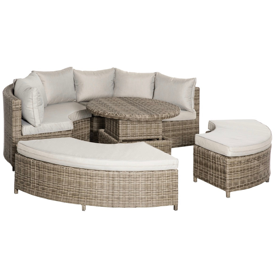5 Pieces Outdoor PE Rattan Round Garden Daybed with Cushions, Aluminium Lounge Chair Conversation Sofa Set with Liftable Coffee Table and Protect Cover