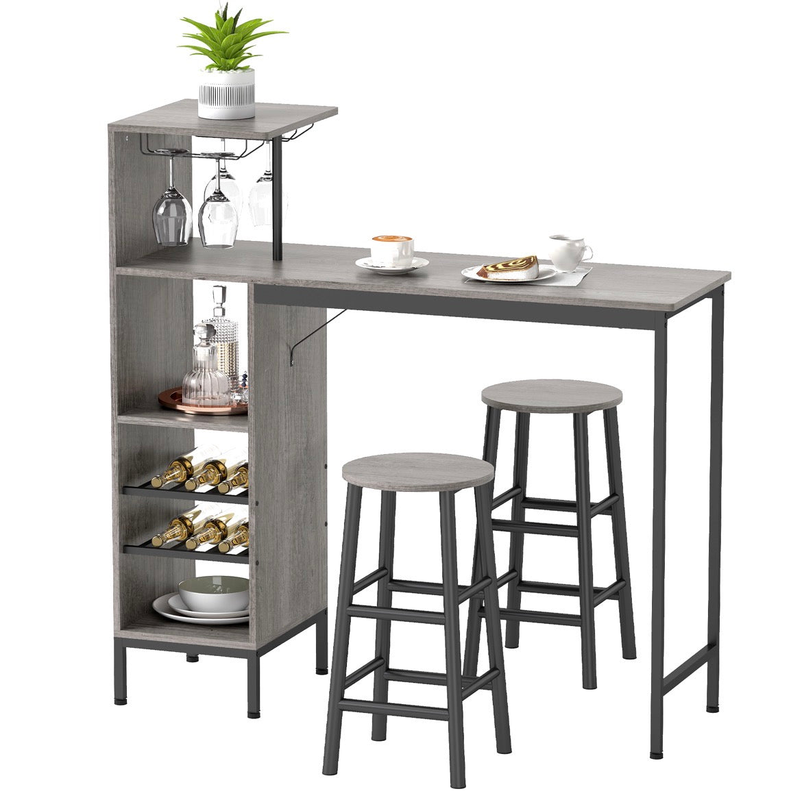 3 Pieces Dining Room Set, 2 Round Stools with Footrest, 6-Tier Dining Table with Storage Shelves