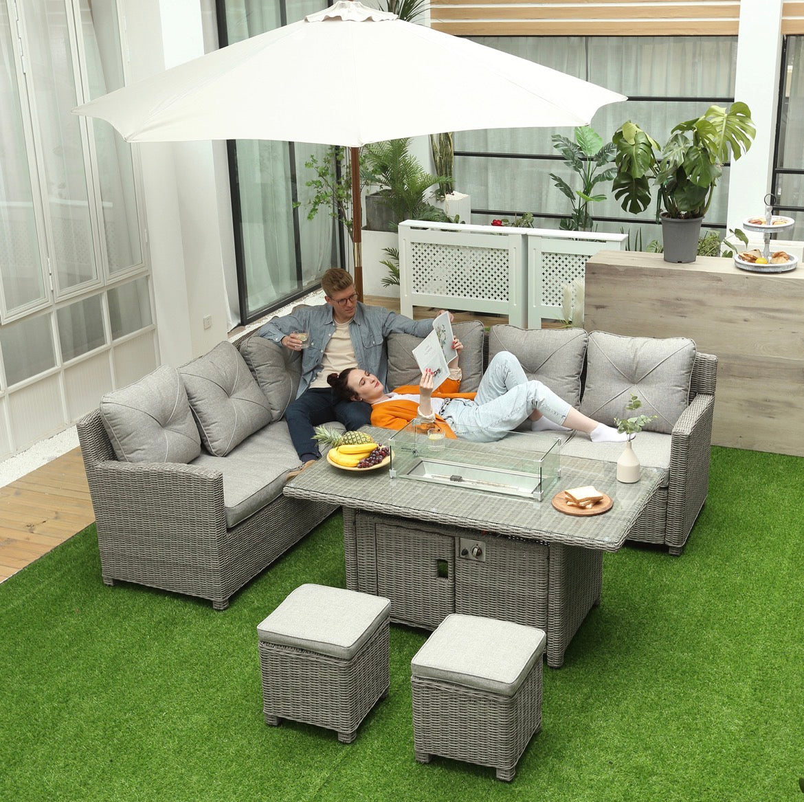 8-Seater Outdoor PE Rattan Sofa Set Conversation Set w/ Fire Pit Table, L-Shape Sofa, Footstool and Furniture Cover