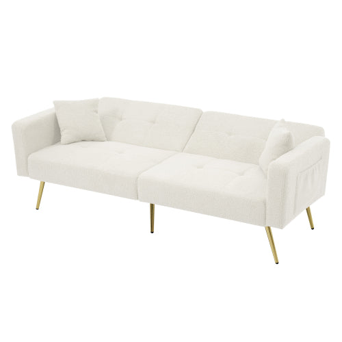 3-Seater Sofa Bed With Three Adjustable Backrest Angles, Gold Legs, Cushions And Side Storage Pockets.
