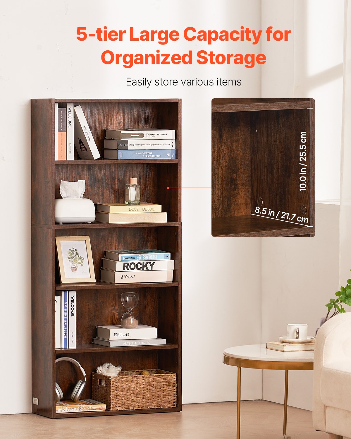 5-Tier Wooden Bookshelf - Brown