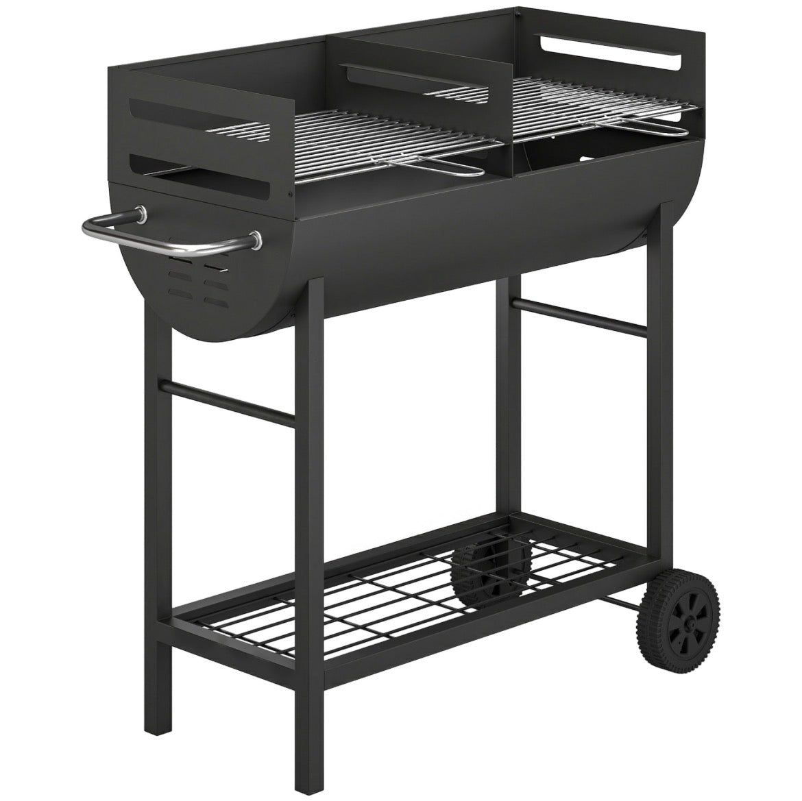 Charcoal Barbecue Grill with 2 Cooking Areas, Portable BBQ Trolley with Wheels, Height Adjustable Grates, Bottom Shelf