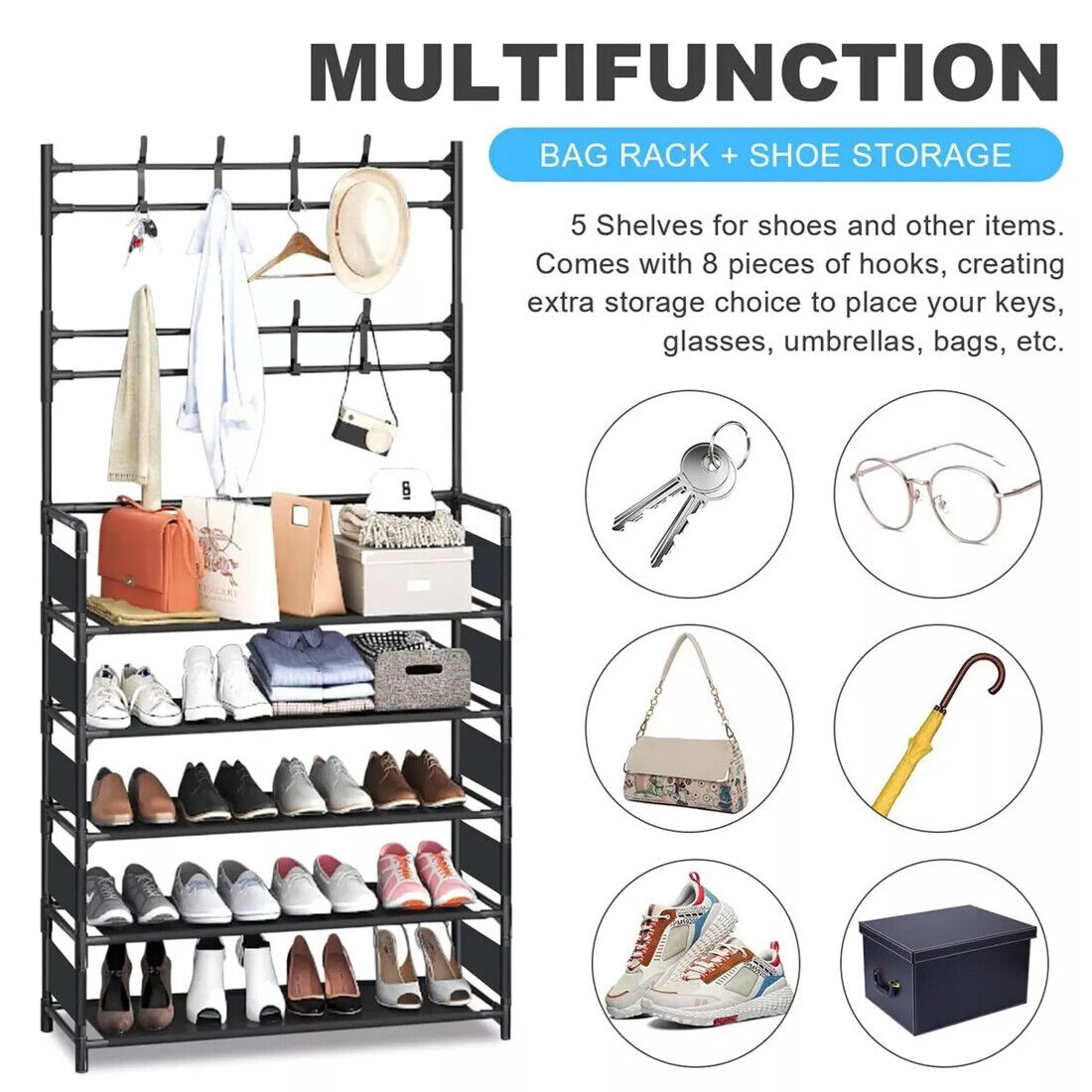 Black Metal Coat Stand with 5-Tier Shoe Rack