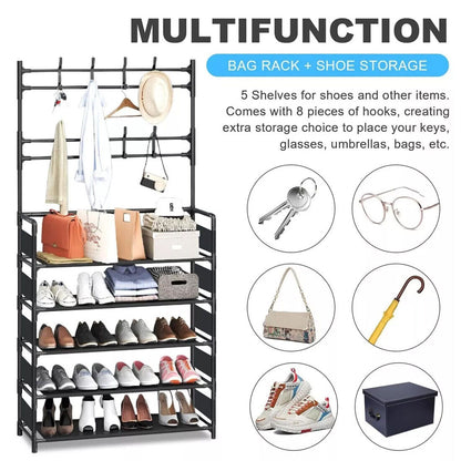 Black Metal Coat Stand with 5-Tier Shoe Rack