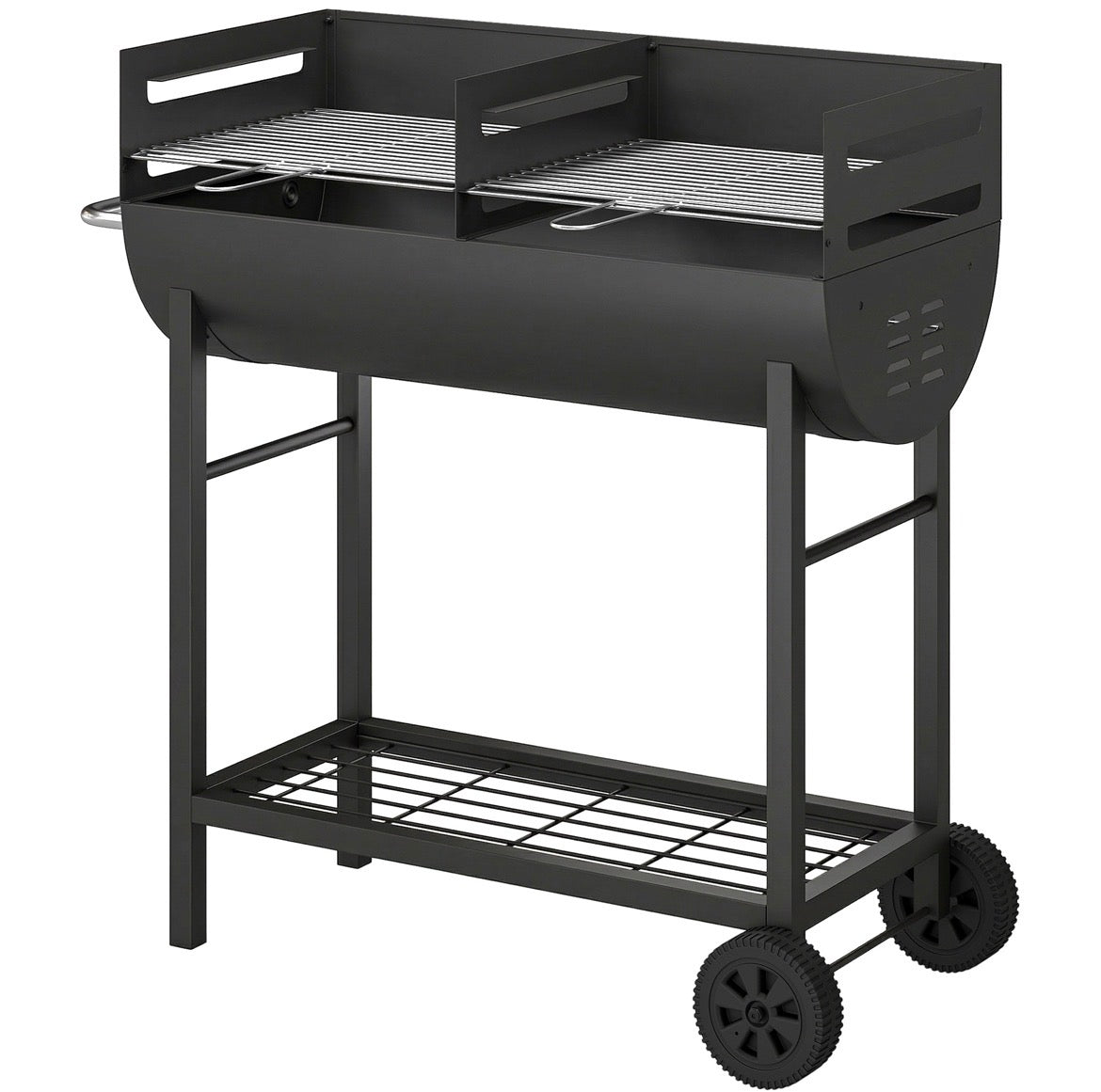 Charcoal Barbecue Grill with 2 Cooking Areas, Portable BBQ Trolley with Wheels, Height Adjustable Grates, Bottom Shelf