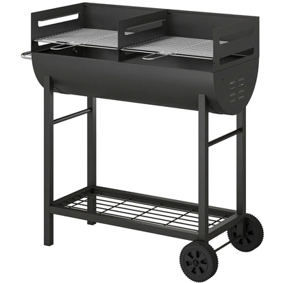 Charcoal Barbecue Grill with 2 Cooking Areas, Portable BBQ Trolley with Wheels, Height Adjustable Grates, Bottom Shelf