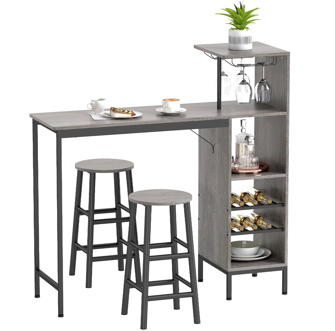 3 Pieces Dining Room Set, 2 Round Stools with Footrest, 6-Tier Dining Table with Storage Shelves