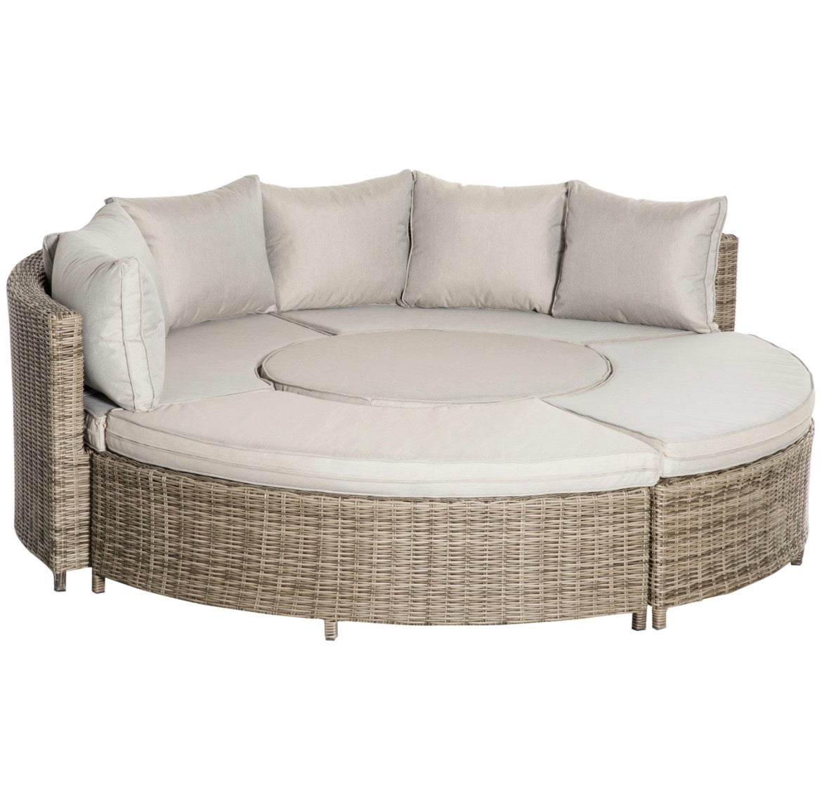5 Pieces Outdoor PE Rattan Round Garden Daybed with Cushions, Aluminium Lounge Chair Conversation Sofa Set with Liftable Coffee Table and Protect Cover