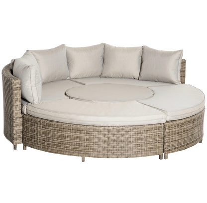 5 Pieces Outdoor PE Rattan Round Garden Daybed with Cushions, Aluminium Lounge Chair Conversation Sofa Set with Liftable Coffee Table and Protect Cover