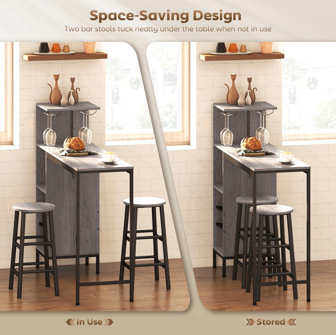 3 Pieces Dining Room Set, 2 Round Stools with Footrest, 6-Tier Dining Table with Storage Shelves