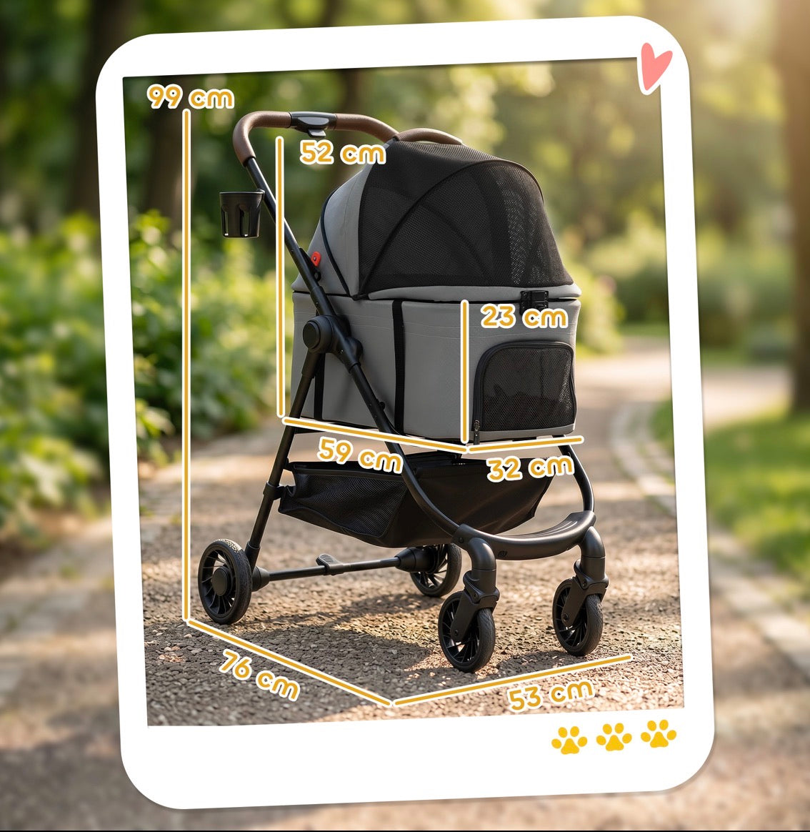 PawHut Dog Stroller, 3 in 1 Foldable Pet Stroller for Small Puppy Cat with Detachable Travel Carrier, Storage Basket