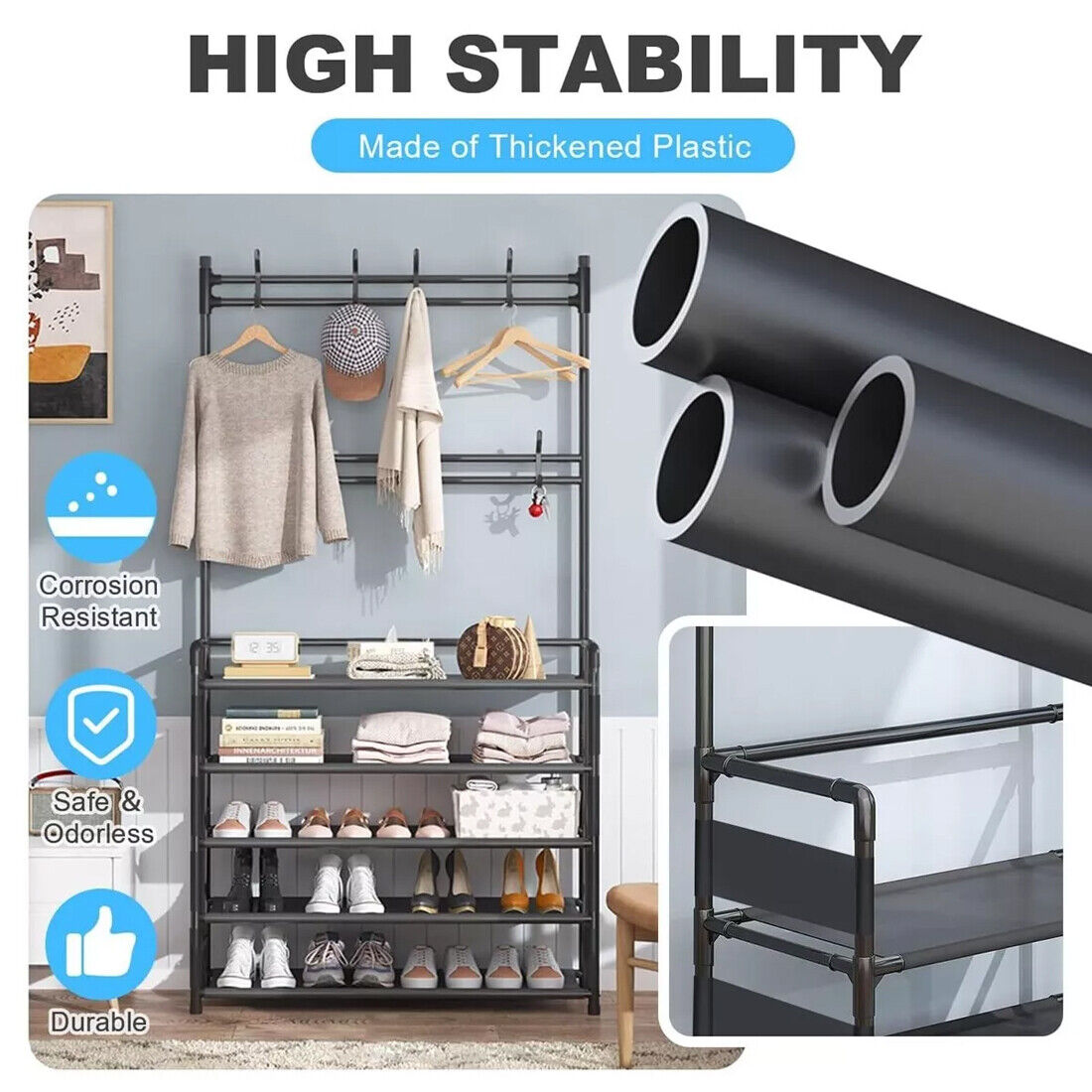 Black Metal Coat Stand with 5-Tier Shoe Rack