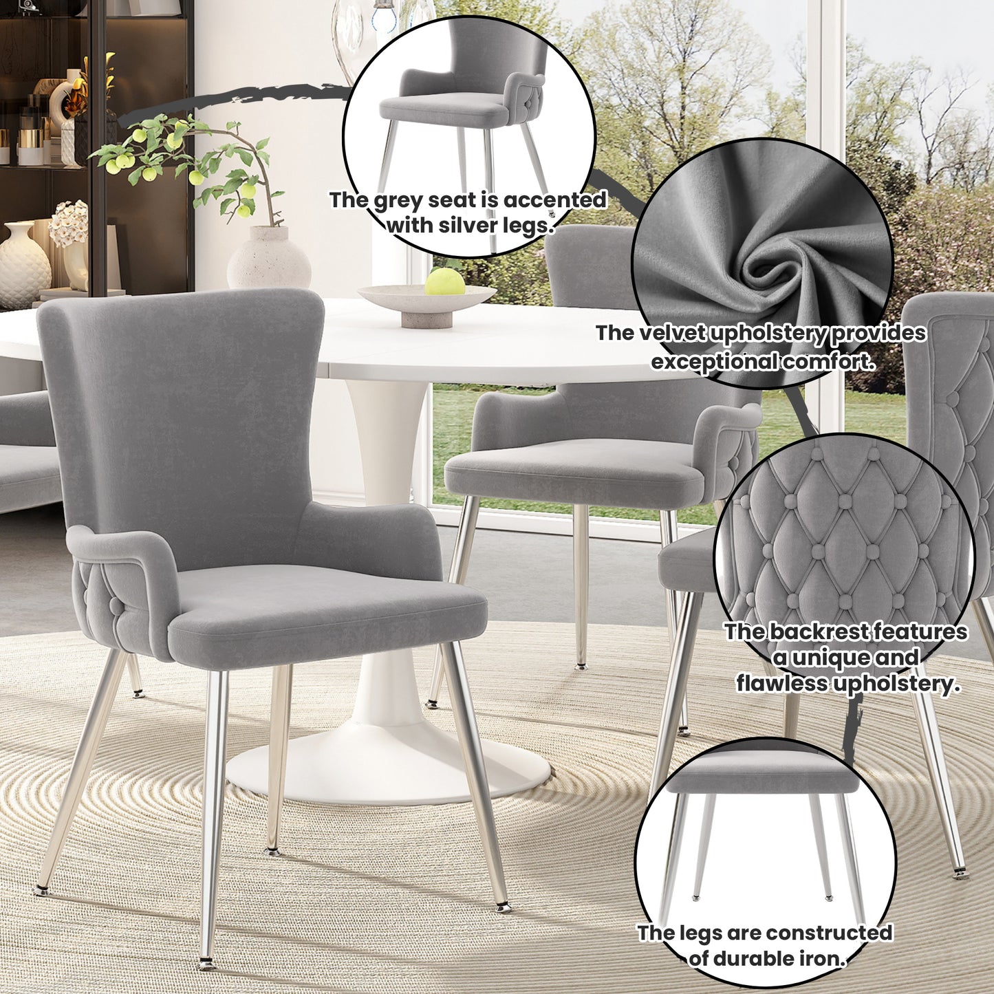 Dining Chairs Set of 6-Grey Velvet
