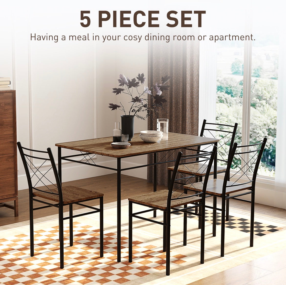 Five-Piece Minimal Dining Set Oak-Effect Black Table & Chairs Modern Home Furniture