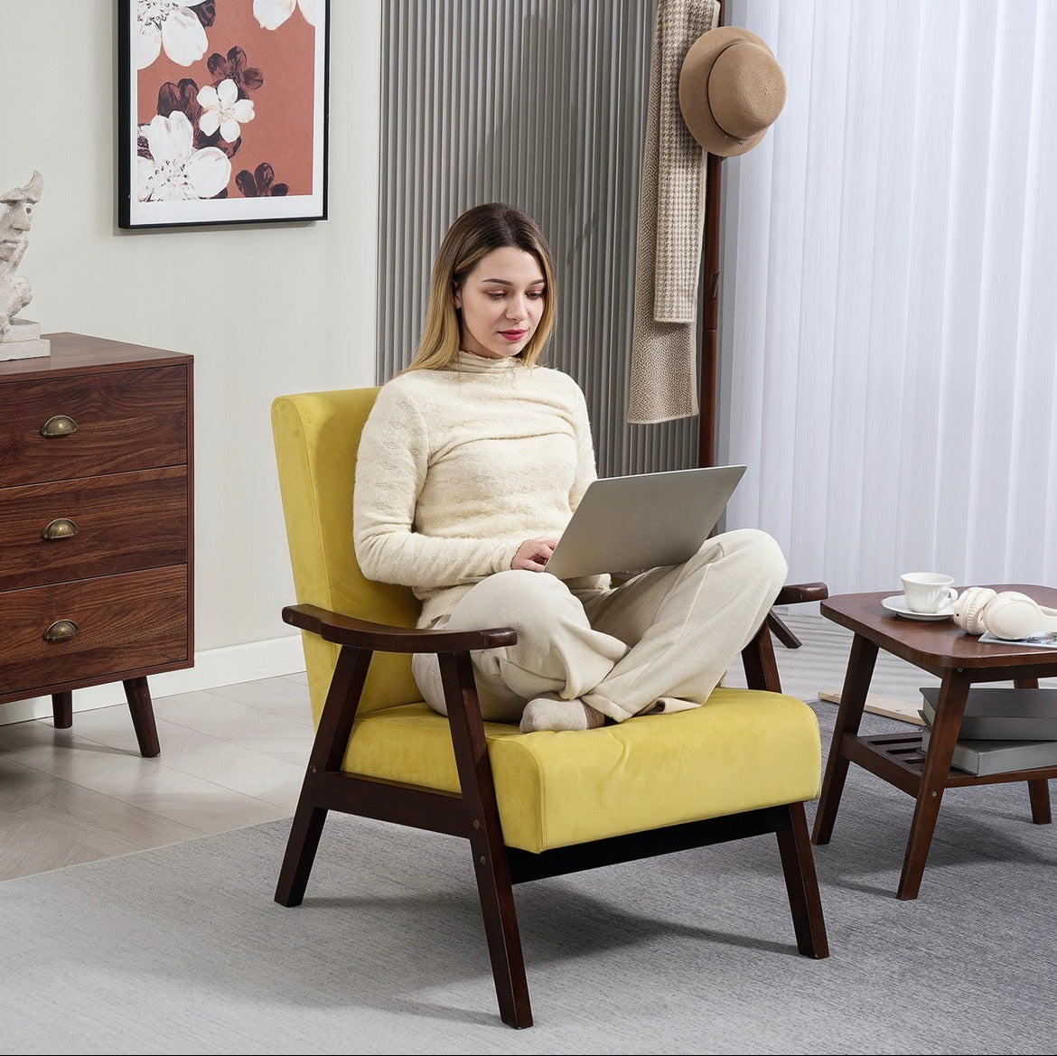 Nordic Accent Chair, Upholstered Velvet Armchair
