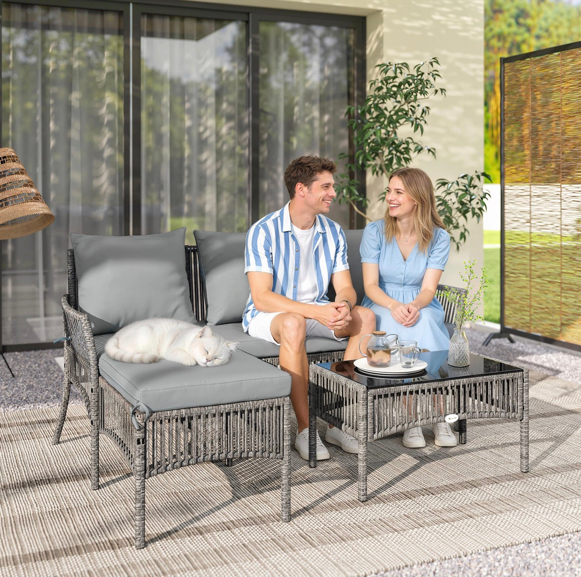 3-Piece Rattan Garden Furniture Corner Sofa Set with Chaise Lounge, Loveseat, Glass Coffee Table, Cushions