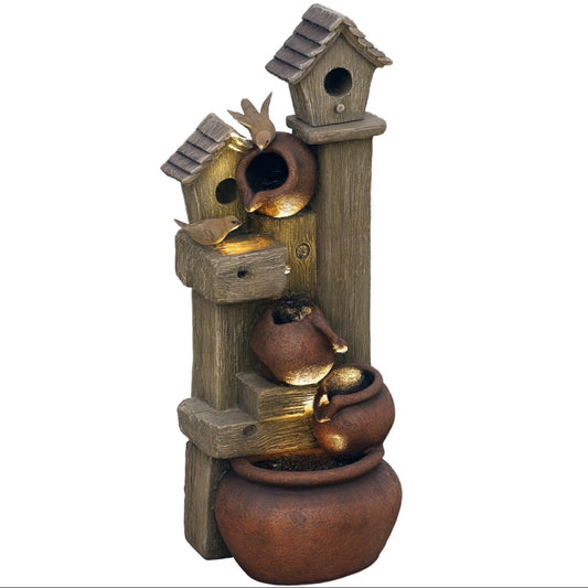 2-in-1 Garden Water Fountain with Birdhouse & LED Lights — Tree Trunk Design
