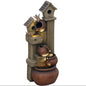 2-in-1 Waterfall Fountain with Birdhouse, Resin Garden Water Fountain with LED Lights Pump, Cascading Garden Water Feature with Tree Trunk Design, Multi-colour