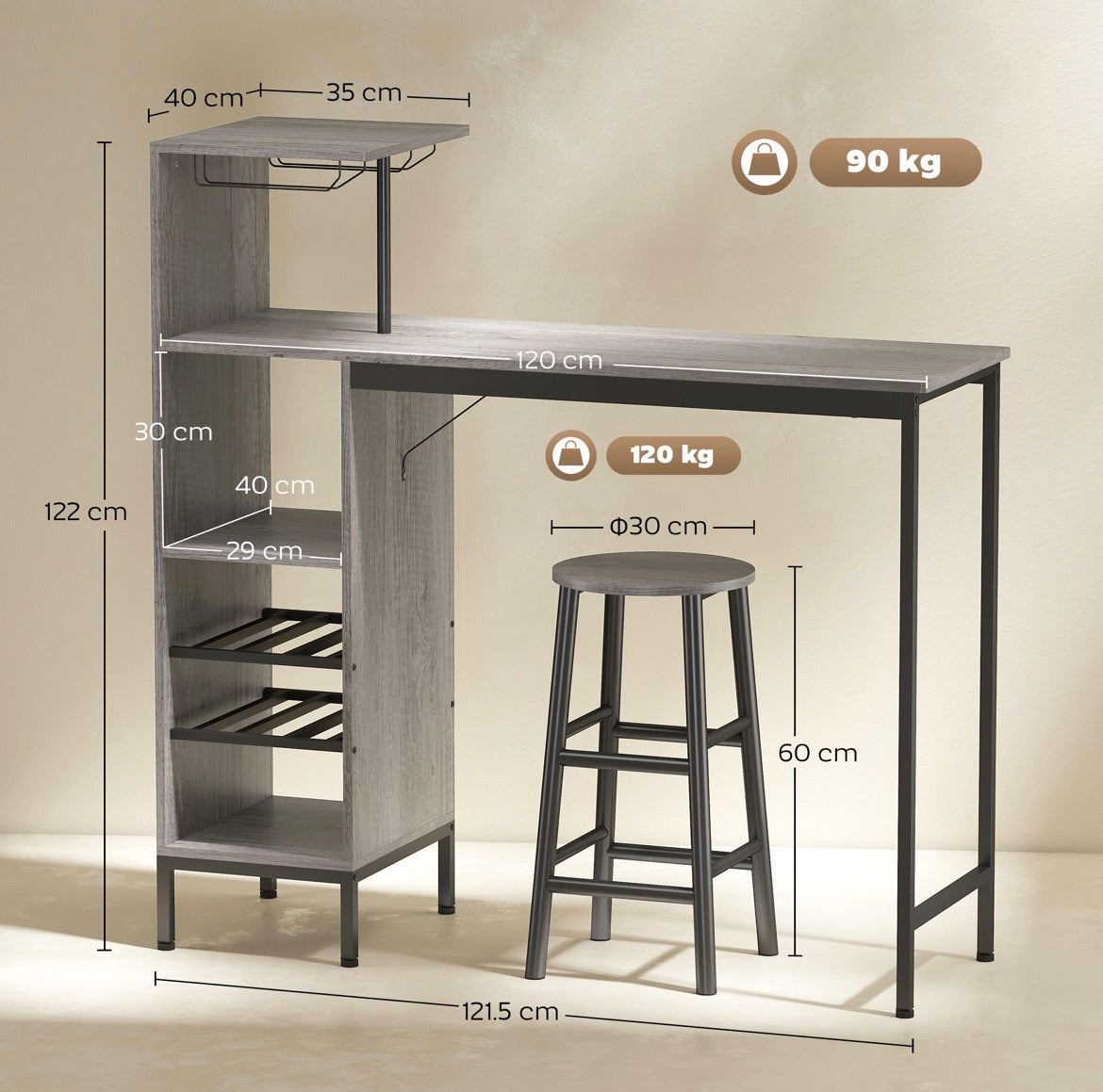 3 Pieces Dining Room Set, 2 Round Stools with Footrest, 6-Tier Dining Table with Storage Shelves