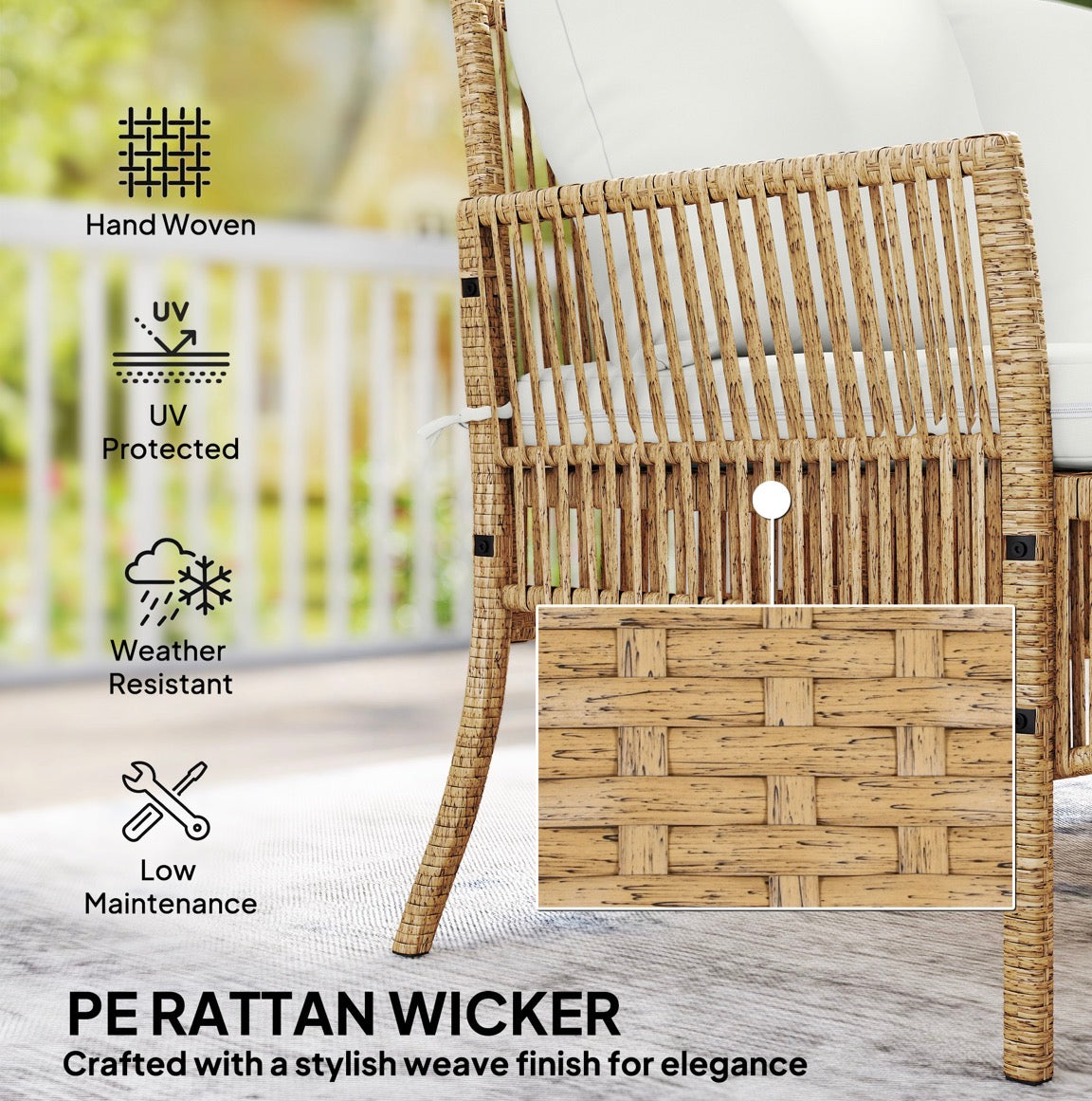 3-Piece Rattan Garden Furniture Corner Sofa Set with Chaise Lounge, Loveseat, Glass Coffee Table, Cushions