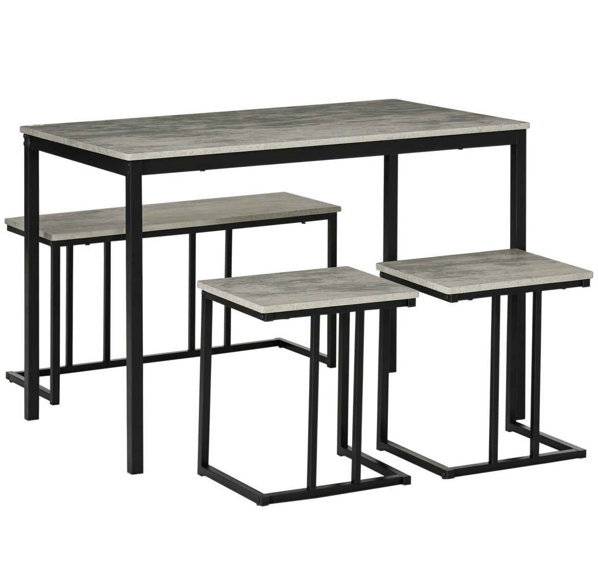 Concrete Effect Dining Table and Chairs Set for 4 People with Steel Frame Grey 4 Piece Kitchen Table and Bench Set