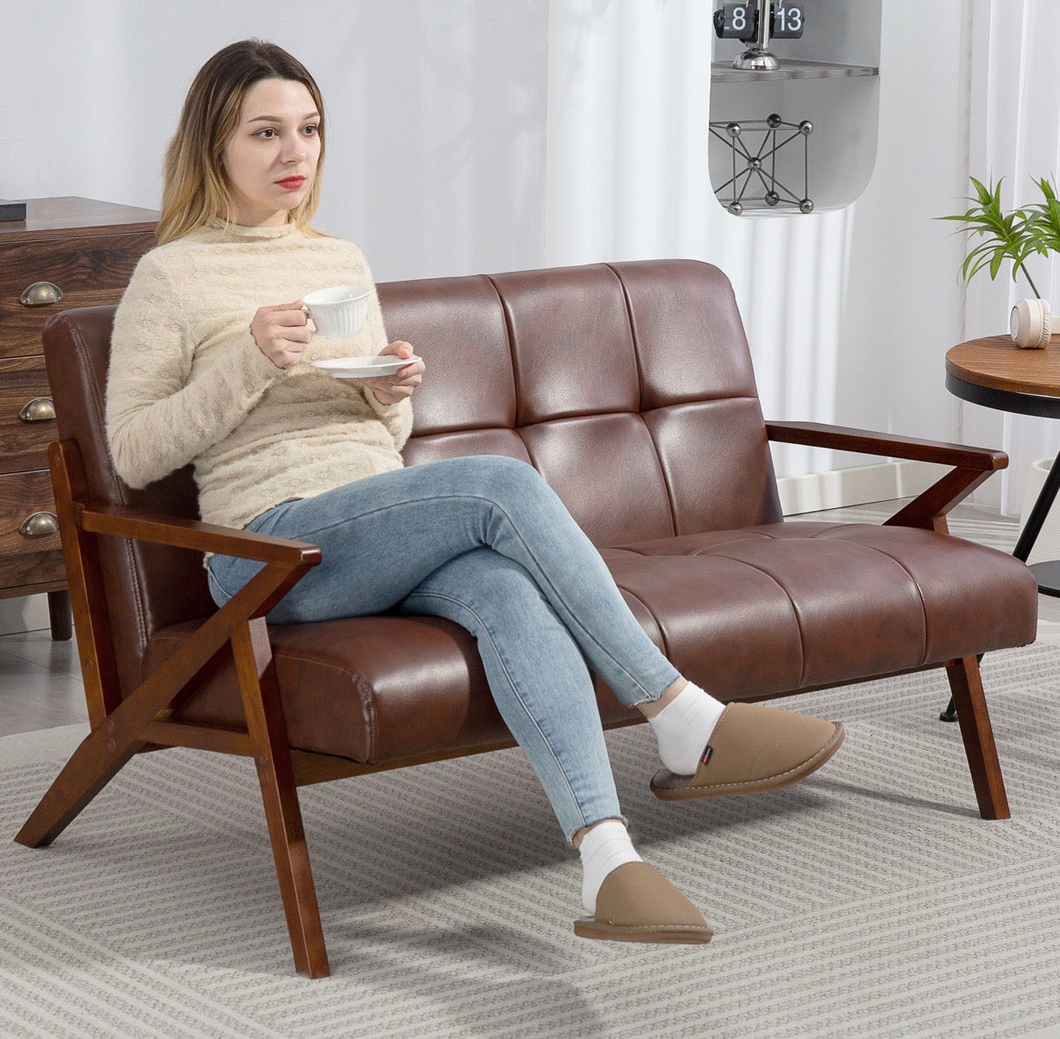 2-Seater Vintage PU Leather Sofa – Brown