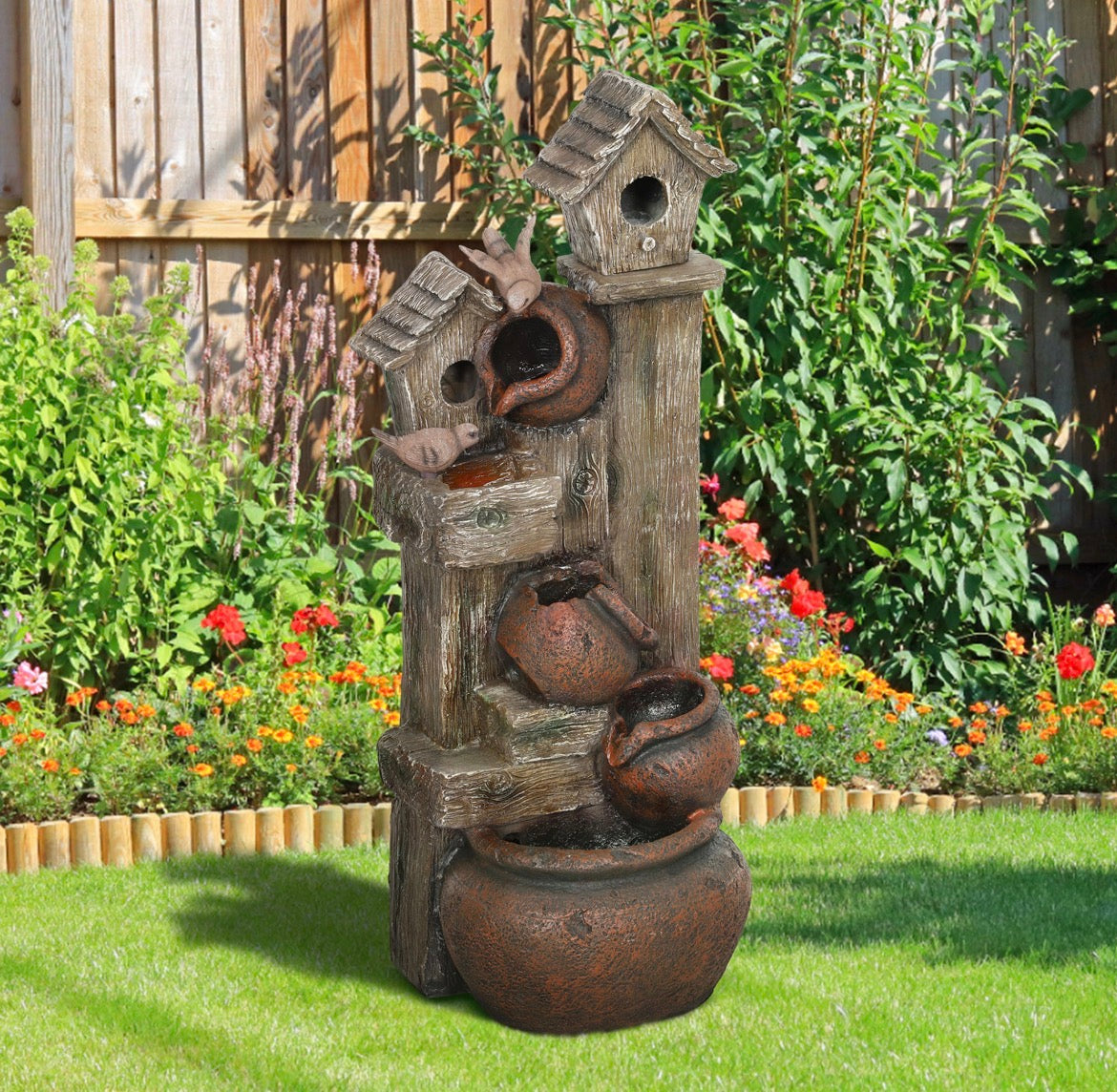 2-in-1 Waterfall Fountain with Birdhouse, Resin Garden Water Fountain with LED Lights Pump, Cascading Garden Water Feature with Tree Trunk Design, Multi-colour