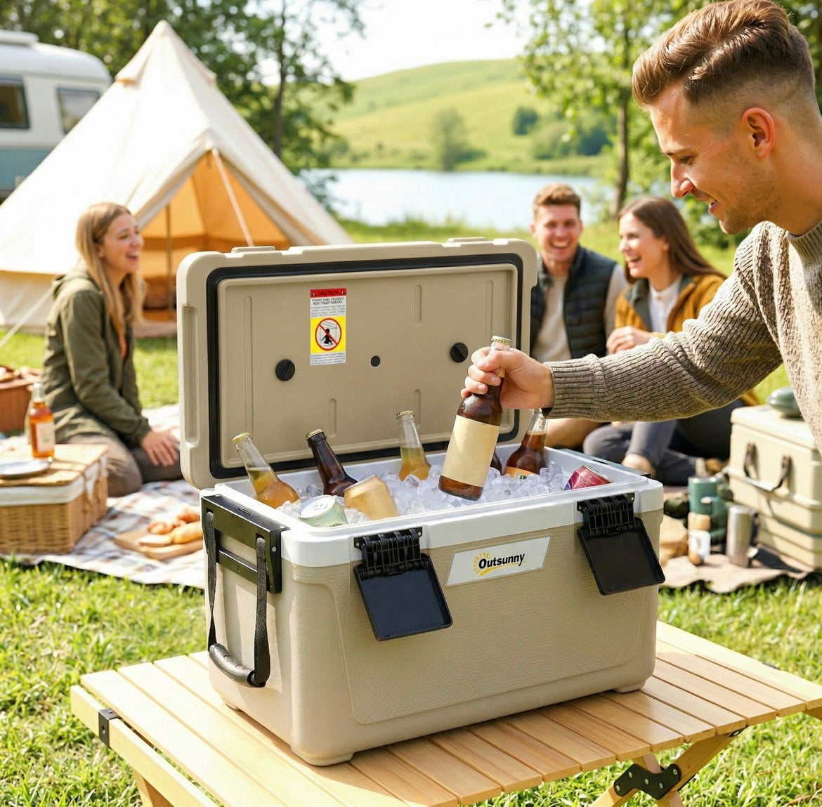 Insulated Cool Box, Lightweight Portable Ice Cooler with Handle, Lid and Drain Valve, 42.6L