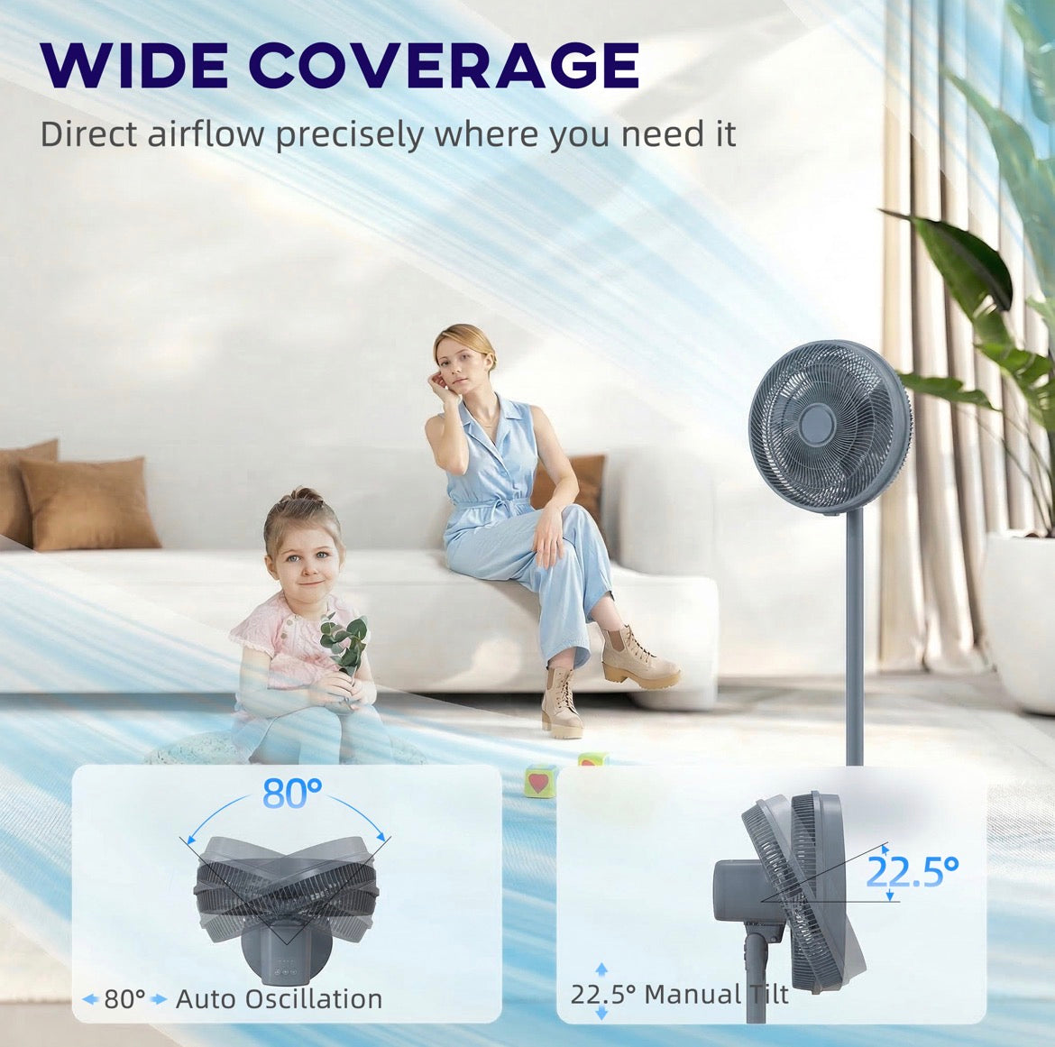 40 cm Standing Fan, Cooling Floor Fan with 80° Oscillating, Adjustable Tilt and Height, 4 Speed, Remote Control