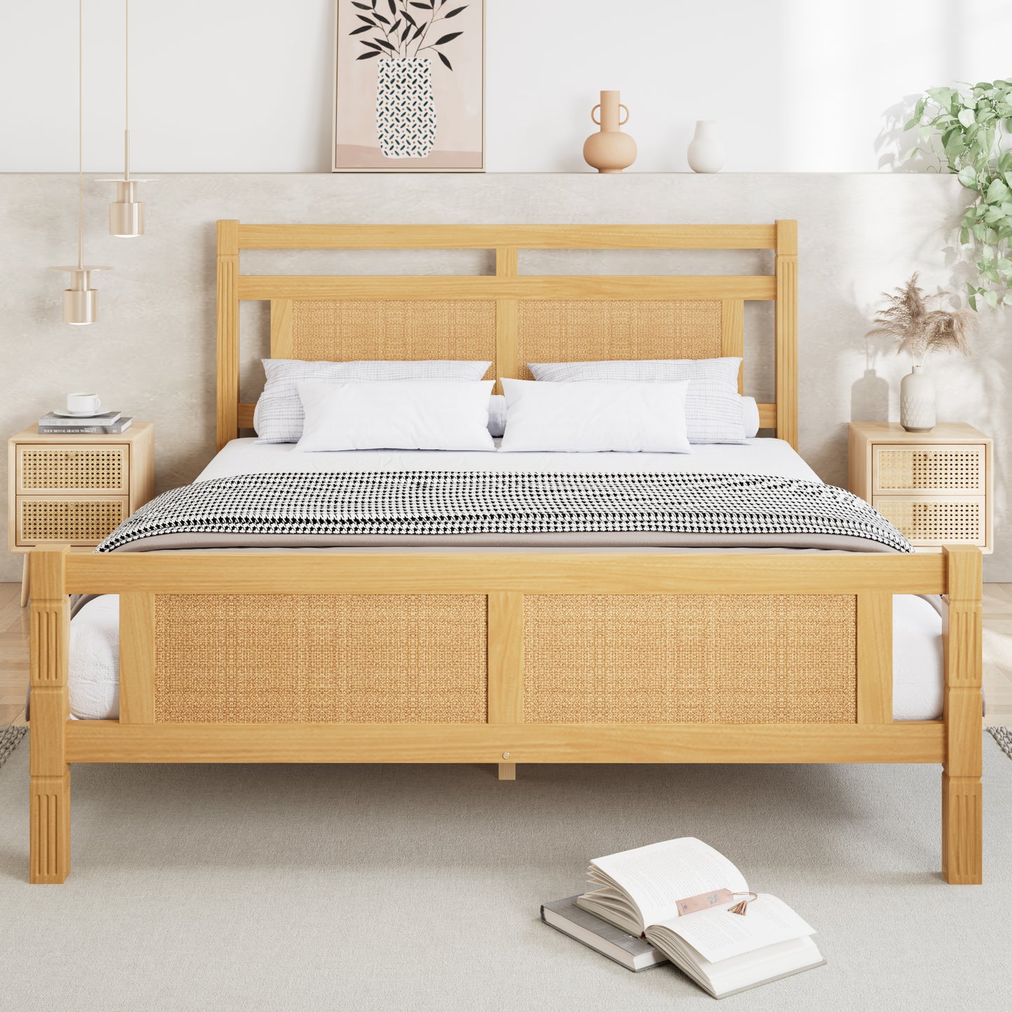 Wooden Double Bed 4ft6 - Rattan Style
