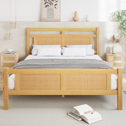 Wooden Double Bed 4ft6 - Rattan Style