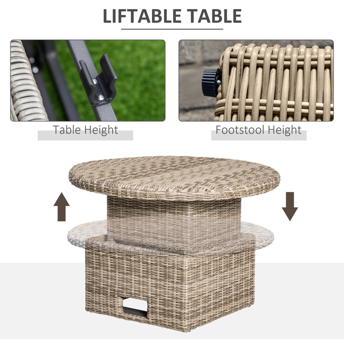 5 Pieces Outdoor PE Rattan Round Garden Daybed with Cushions, Aluminium Lounge Chair Conversation Sofa Set with Liftable Coffee Table and Protect Cover
