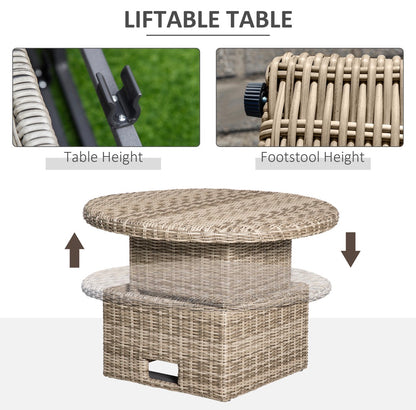 5 Pieces Outdoor PE Rattan Round Garden Daybed with Cushions, Aluminium Lounge Chair Conversation Sofa Set with Liftable Coffee Table and Protect Cover