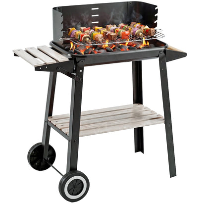 Charcoal BBQ Barbecue Grill Outdoor Patio Garden Heating Smoker with Side Trays Storage Shelf and Wheels
