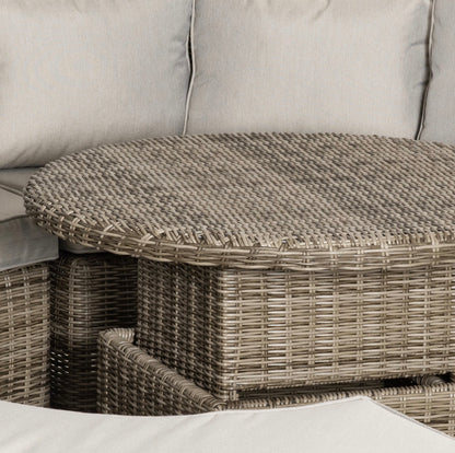 5 Pieces Outdoor PE Rattan Round Garden Daybed with Cushions, Aluminium Lounge Chair Conversation Sofa Set with Liftable Coffee Table and Protect Cover