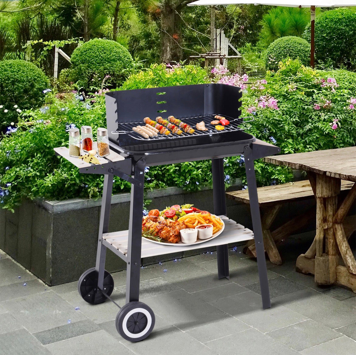 Charcoal BBQ Barbecue Grill Outdoor Patio Garden Heating Smoker with Side Trays Storage Shelf and Wheels