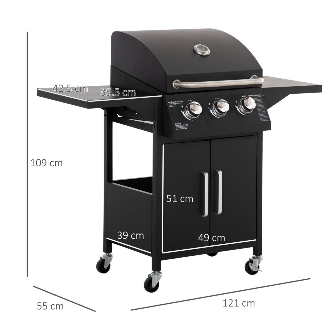 3 Burner Gas BBQ Grill Outdoor Portable Barbecue Trolley w/ Warming Rack, Side Shelves, Storage Cabinet