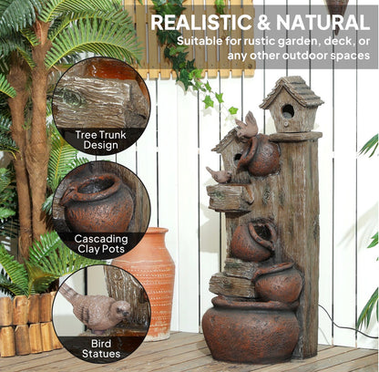 2-in-1 Waterfall Fountain with Birdhouse, Resin Garden Water Fountain with LED Lights Pump, Cascading Garden Water Feature with Tree Trunk Design, Multi-colour