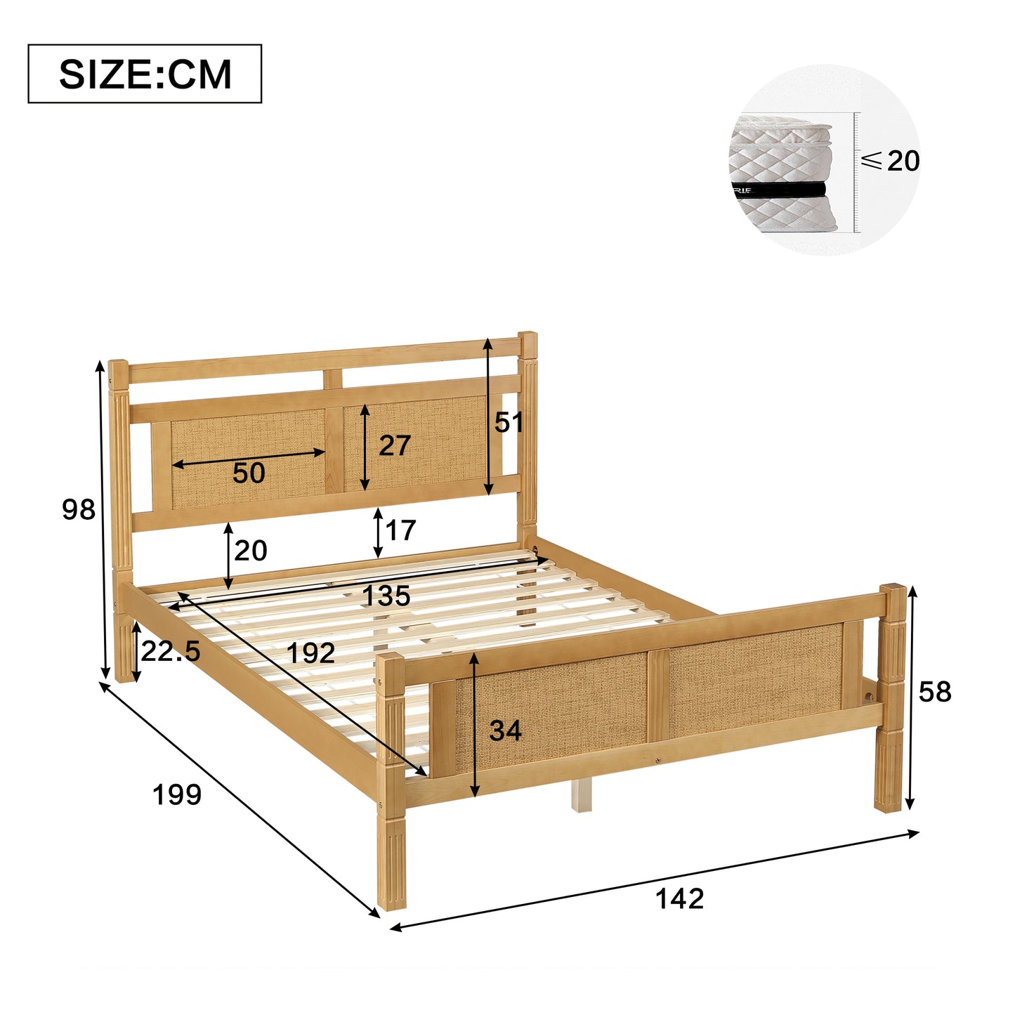 Wooden Double Bed 4ft6 - Rattan Style