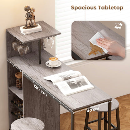 3 Pieces Dining Room Set, 2 Round Stools with Footrest, 6-Tier Dining Table with Storage Shelves
