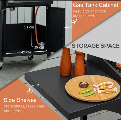 3 Burner Gas BBQ Grill Outdoor Portable Barbecue Trolley w/ Warming Rack, Side Shelves, Storage Cabinet