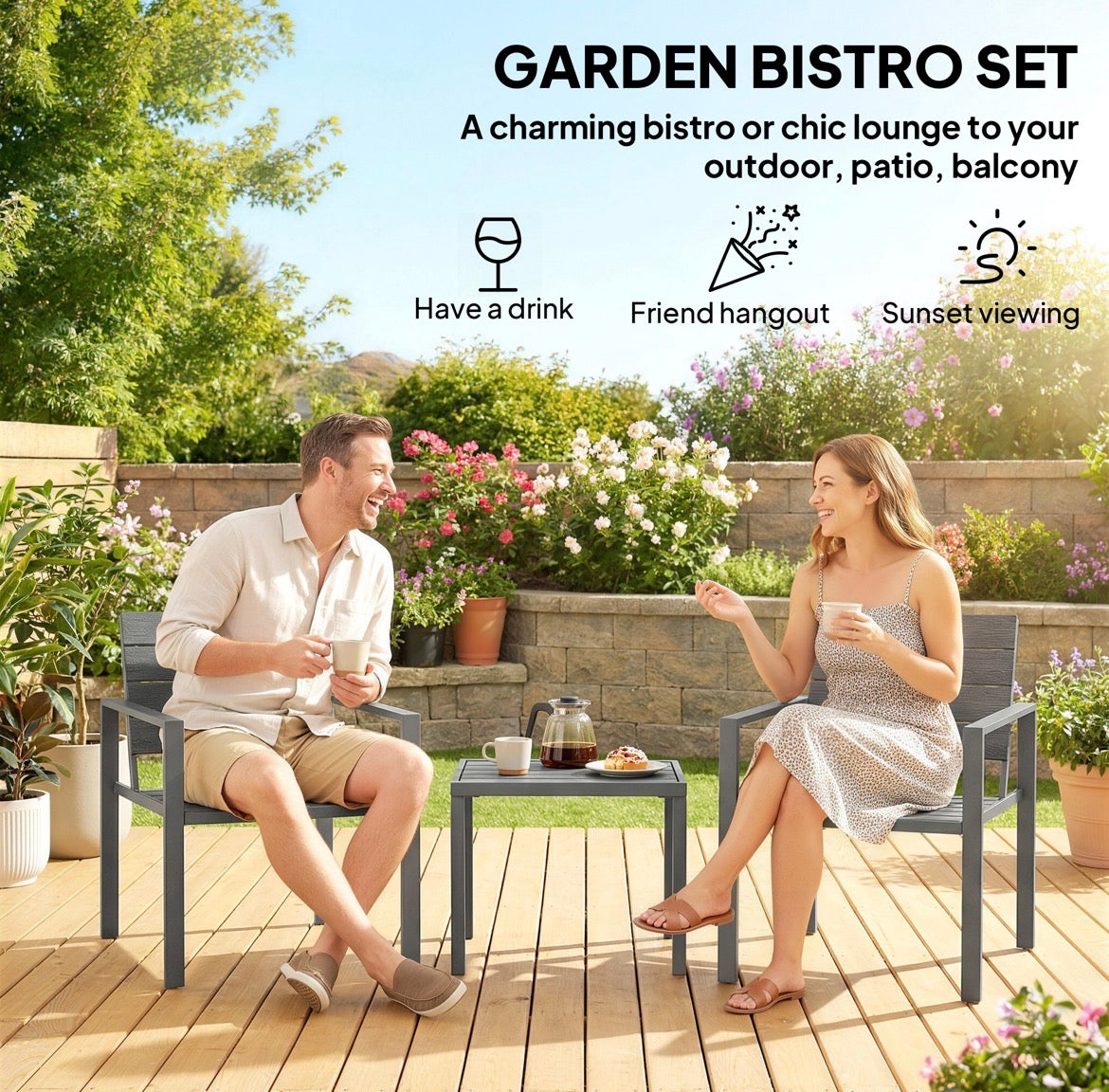 3 Pieces Garden Bistro Set for 2, Outdoor Bistro Table and Chairs with Metal Frame, Plastic Patio Furniture Set