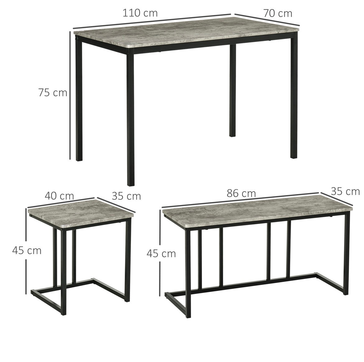 Concrete Effect Dining Table and Chairs Set for 4 People with Steel Frame Grey 4 Piece Kitchen Table and Bench Set