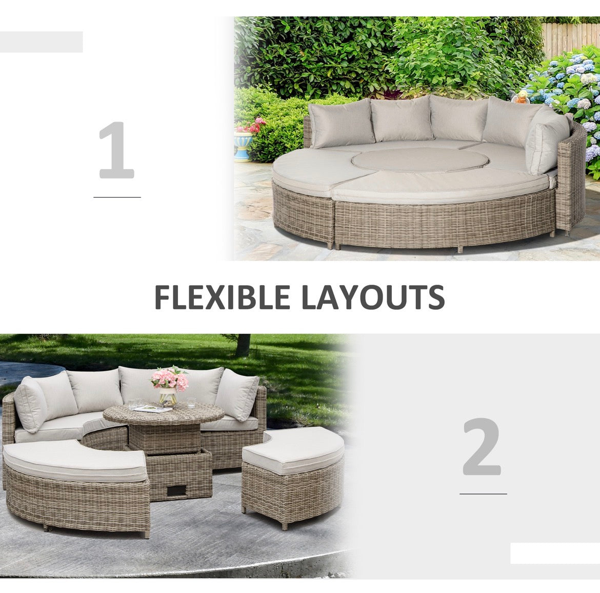 5 Pieces Outdoor PE Rattan Round Garden Daybed with Cushions, Aluminium Lounge Chair Conversation Sofa Set with Liftable Coffee Table and Protect Cover