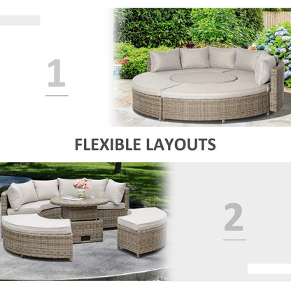 5 Pieces Outdoor PE Rattan Round Garden Daybed with Cushions, Aluminium Lounge Chair Conversation Sofa Set with Liftable Coffee Table and Protect Cover